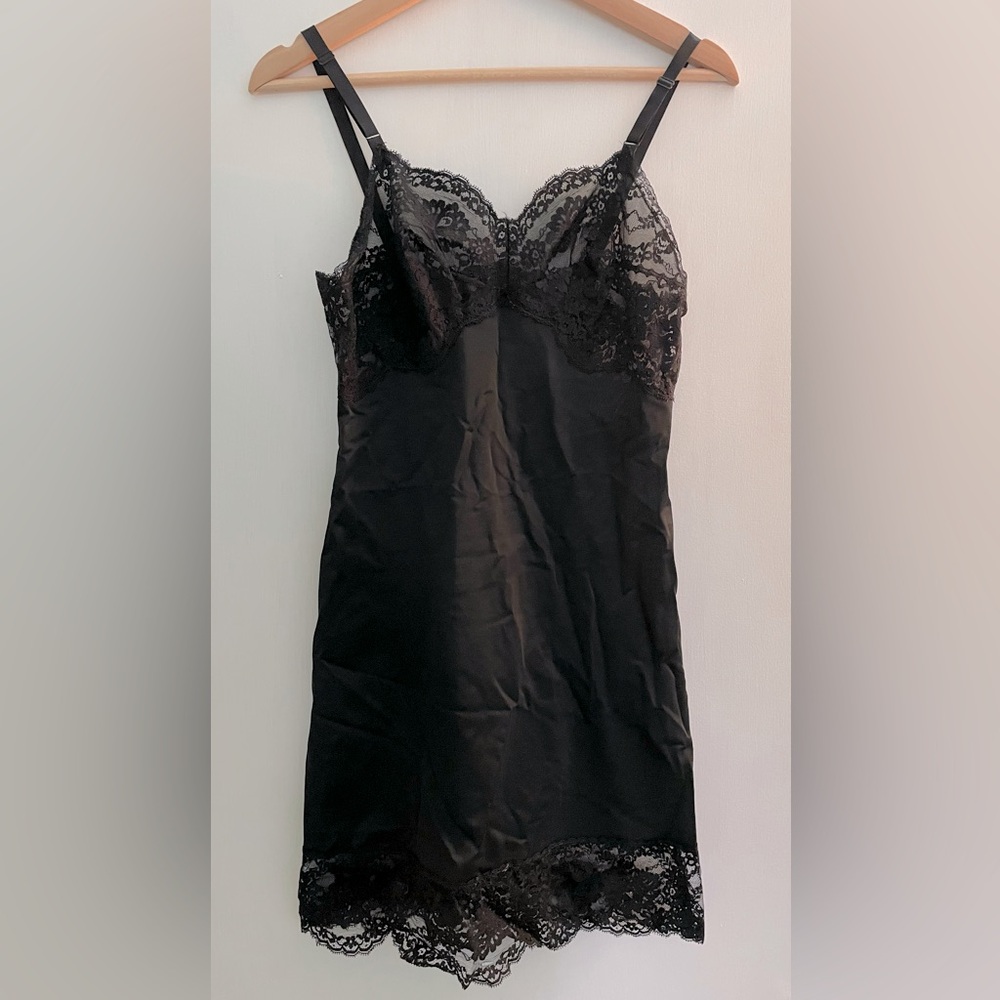 Saks Fifth Avenue Vintage Black Lace Chemise with Scalloped Trim